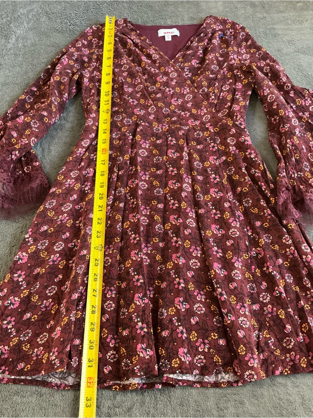 BONGO Maroon Floral Faux-Wrap Mini Dress Bell Sleeves Size:M - Picture 15 of 16